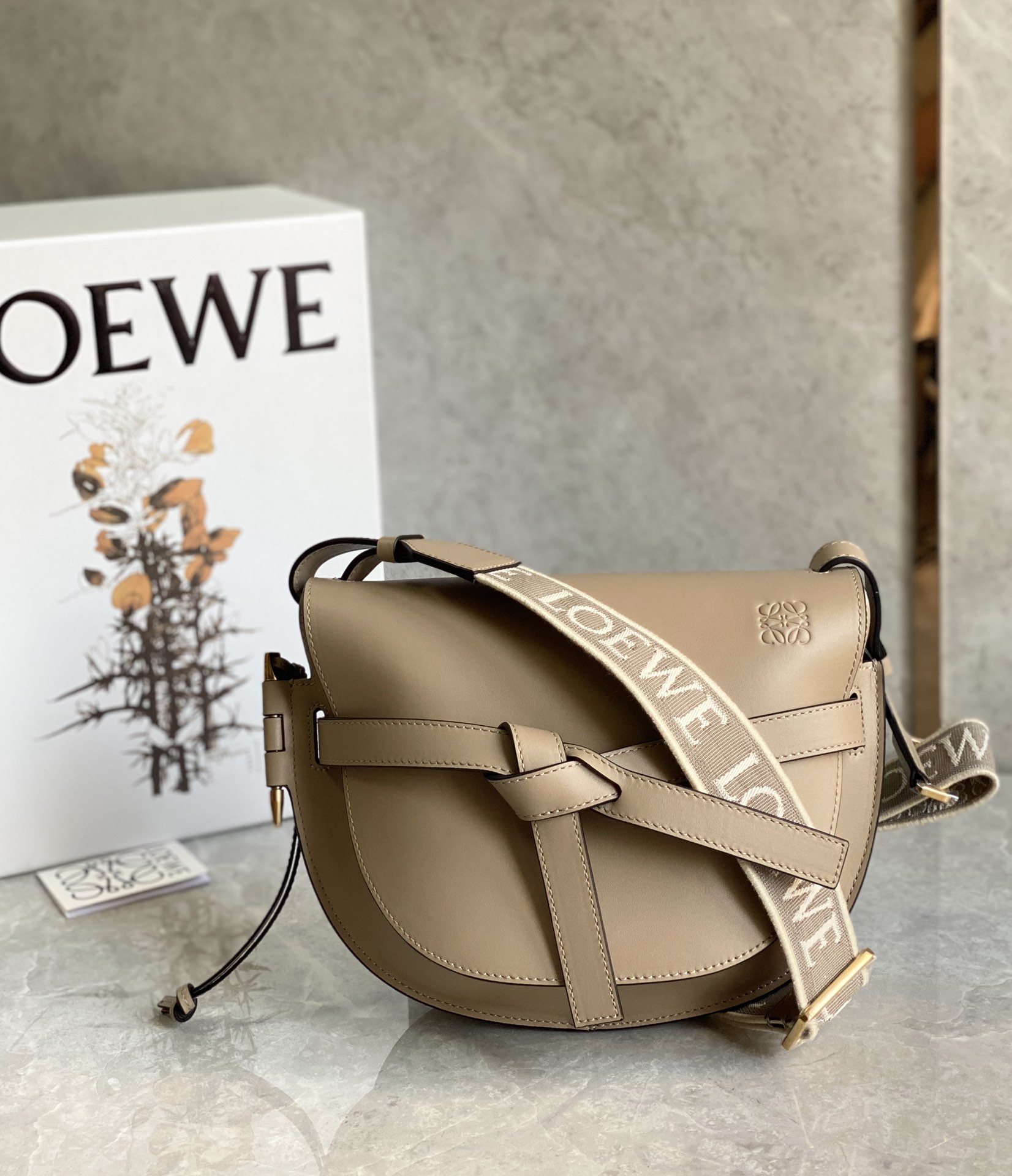 Loewe Small Gate Dual Bag in Soft Calfskin and Jacquard Light Brown